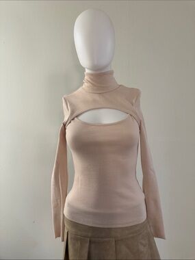 Cutout Ribbed Turtleneck Top in Blush